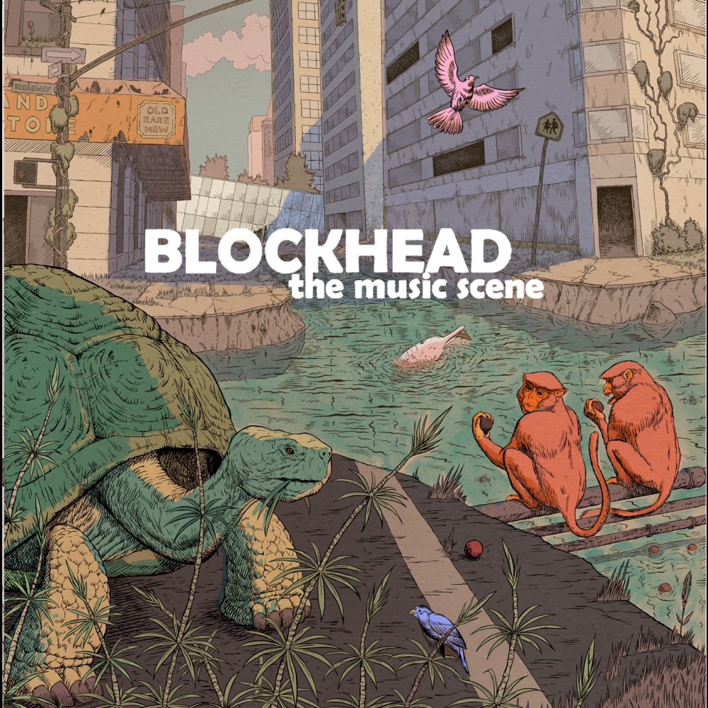 Album art for Blockhead's "The Music Scene". Illustration of flooded city streets with two monkeys and a turtle.